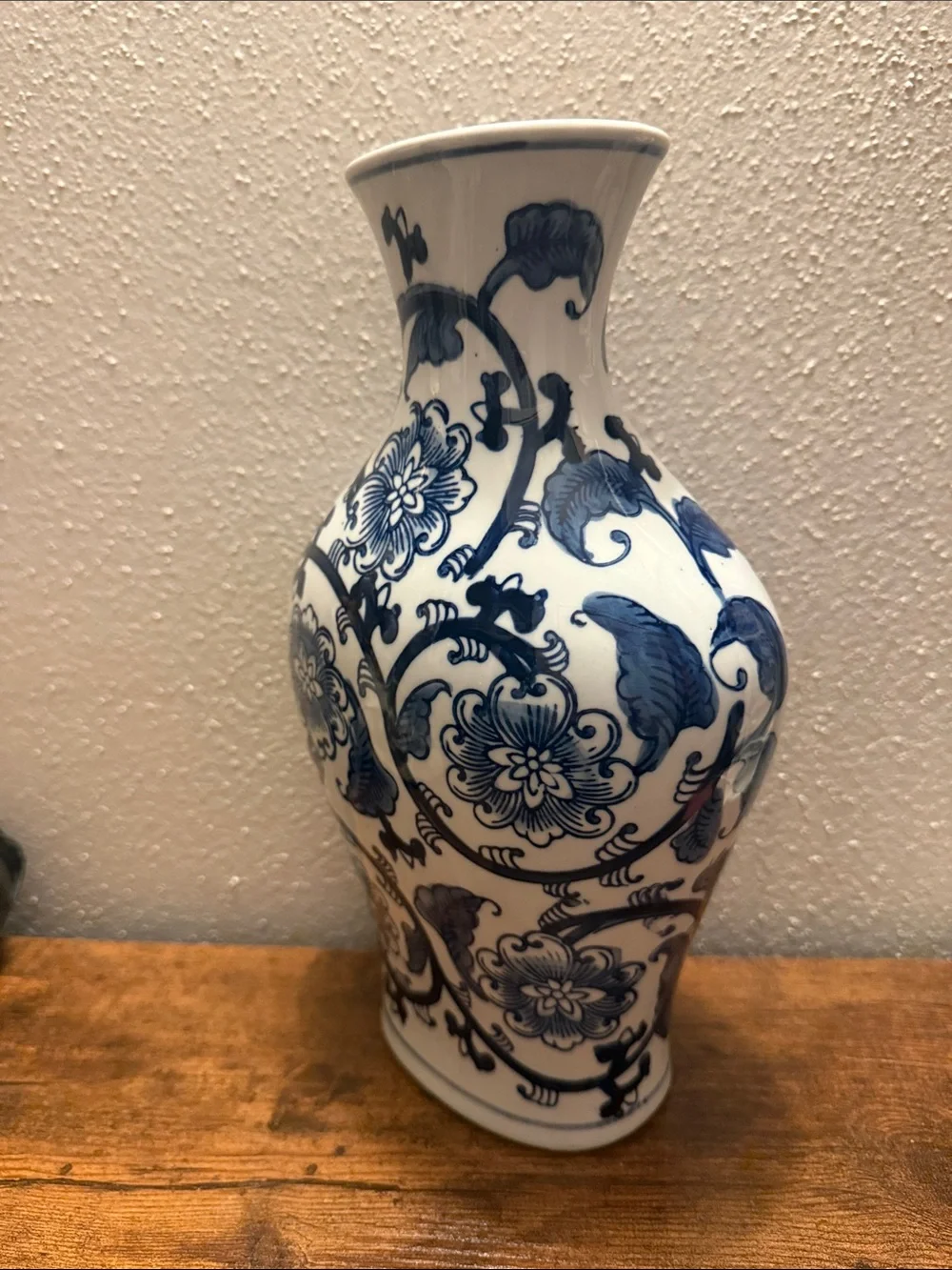 Blue and White Floral Ceramic Vase Approx 11”
